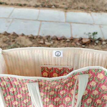 Large Quilted Market Tote Bag With Pink Floral Block Print Design, 6 of 7