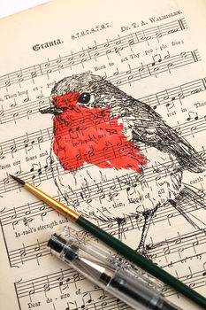 Robin Screen Print On Vintage Sheet Music Paper, 4 of 4