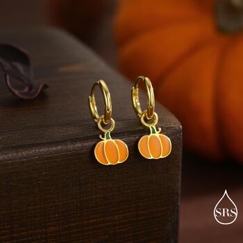 Enamel Pumpkin Huggie Hoops Earrings In Sterling Silver, 2 of 10