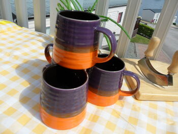 Set Of Four Reactive Glaze Brûlée Mugs In Purple And Orange, 6 of 8