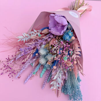Bright Pastel Dried Flower Bouquet With Pink, Purple And Blue, 3 of 3