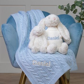 Personalised Blanket And Bashful Bunny In Blue/Cream, 4 of 7