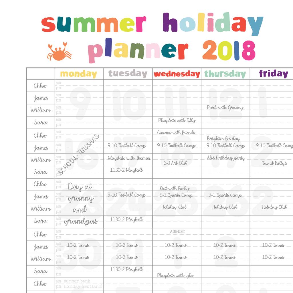 Summer Holiday Wall Planner 2018 By Yoyo me Notonthehighstreet