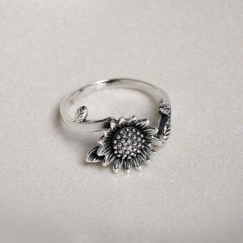 Sterling Silver Adjustable Oxidised Sunflower Ring, 2 of 6