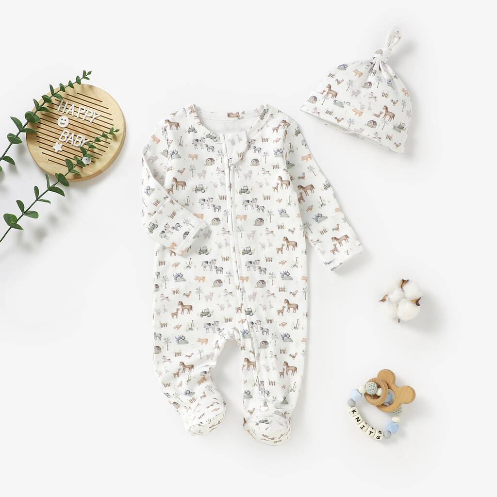 Farm Animals Organic Cotton Baby Sleepsuit And Hat Set, 1 of 3
