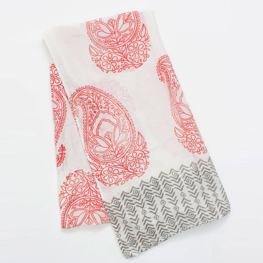 Hand Block Print Cotton And Silk Scarf, Paisley By Bohemia ...