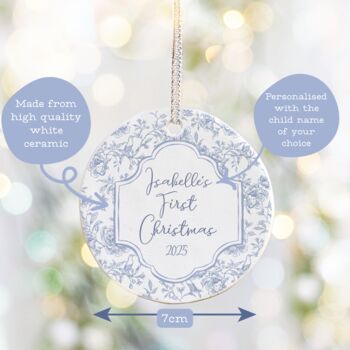 Baby's First Christmas Personalised Floral Ceramic Tree Decoration Pink Or Blue, 4 of 5