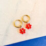 Ruby Red Flower Charm Huggie Hoop Earrings, thumbnail 1 of 2