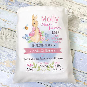 Personalised New Baby Flopsy Rabbit Teddy And Bag, 3 of 3