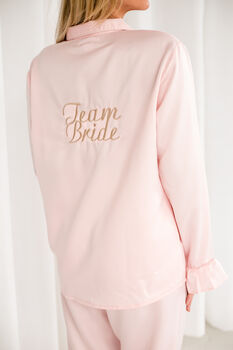 Embroidered 'Team Bride' Satin Button Through Pyjamas, 2 of 12