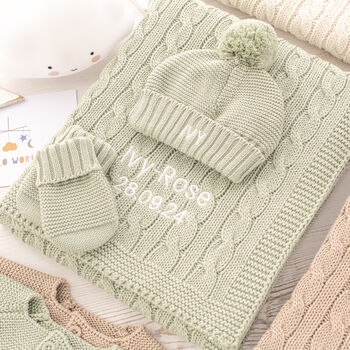 Seaside Blue Cable Knit Baby Blanket, Hat And Mittens Set, 2 of 12