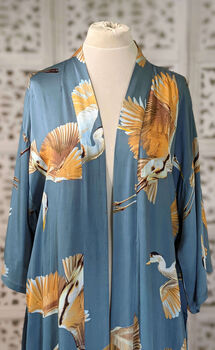 Ladies Luxury Bamboo Silk Kimono Robe Crane Bird Dusk Blue, 6 of 9