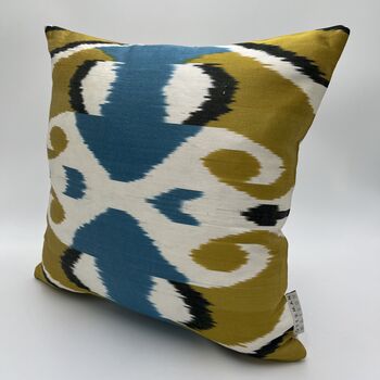 Square Ikat Silk Cushion Ochre And Blue Heart, 2 of 11