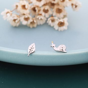 Sterling Silver Mismatched Snail And Leaf Stud Earrings, 3 of 12