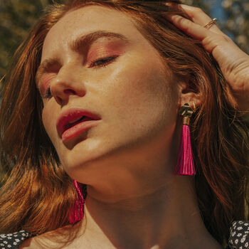 Gold Plate And Fuchsia Pink Tassel Drop Earrings, 2 of 3