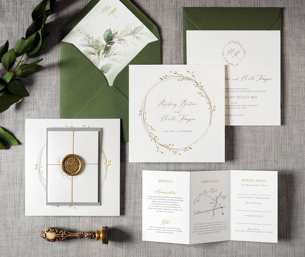 Gold Wreath Wedding Invitation, 1 of 5