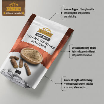 Ausha Organic Ashwagandha Powder 250g For Stress Anxiety Relief Energy UK Certified Organic By Soil Association, 2 of 9