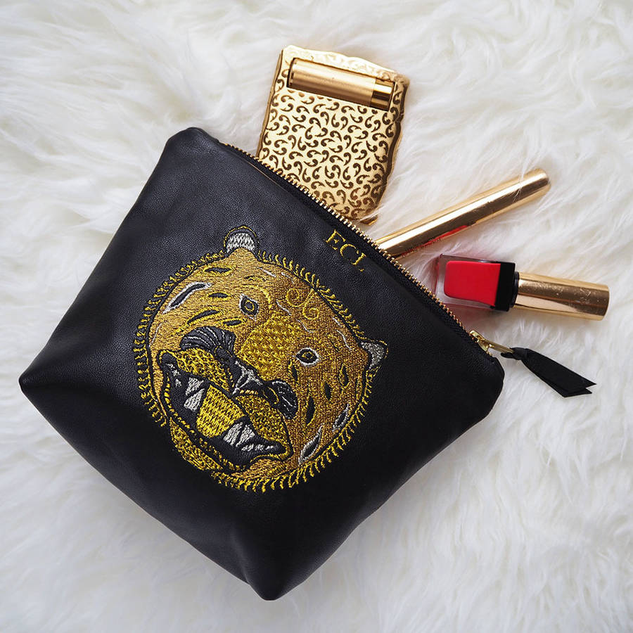 Embroidered Metallic Leather Tiger Make Up Bag By paperCutts designs