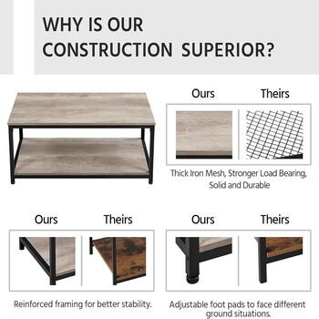 Industrial Coffee Table For Living Room, Large Side Table With Metal Leg And Storage Shelf, Grey, 100x50x45cm, 9 of 10