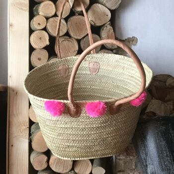 Personalised Large Shopping Basket Bag With Pom Poms, 3 of 9