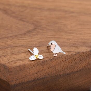 Mismatched Robin Bird And Holly Stud Earrings In Sterling Silver, 4 of 11