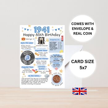 85th Birthday Card With 1941 Coin And Envelope Choose Your Colour, 2 of 3