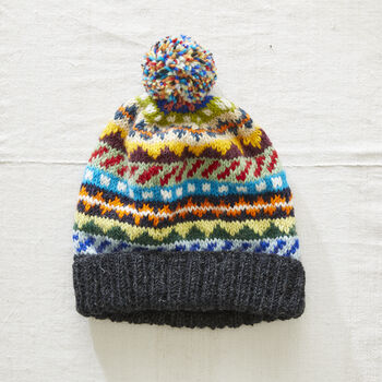 Fair Trade Unisex Bobble Hat Fair Isle Lined Waste Wool, 3 of 8