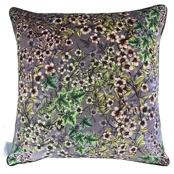 Wild Captivity Birds And Bird Cages Cushion With Flowers In Luxury Velvet On Dusty Pink, 7 of 10