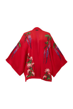 Wisteria And Chrysanthemum Red Fully Lined Embroidered Short Kimono, 6 of 7