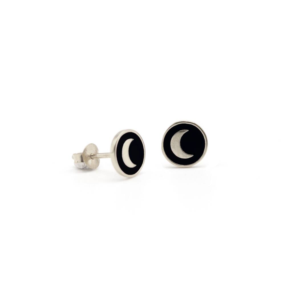 Mini Black Moon Enamel Stud Earrings Sterling Silver, 1 of 2