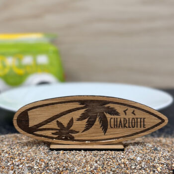 Oak Veneer Surfboard Place Name Setting Wedding Events, 4 of 7