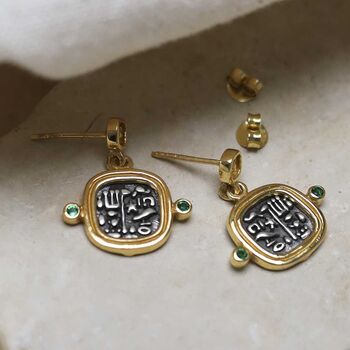 Gold Plated Sterling Silver Hieroglyphics Square Earrings, 3 of 12