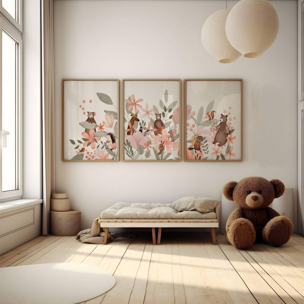 Woodland Animals Nursery Prints – Boho Floral Forest Wall Art Set, 1 of 1