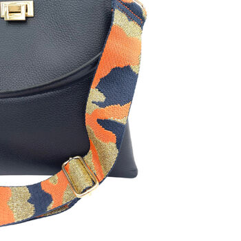 Navy Leather Tote Bag With Orange Camo Strap, 2 of 8