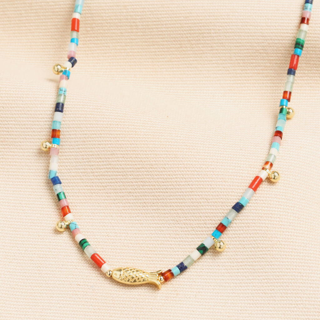 Semi Precious Stone Fish Beaded Necklace In Gold, 1 of 6