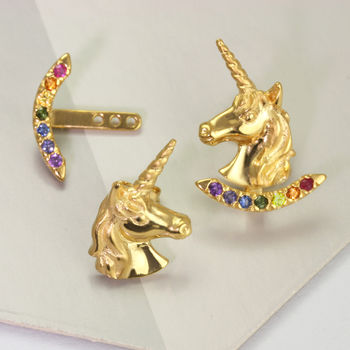 Unicorn Stud Earrings With Rainbow Ear Jackets, 2 of 9