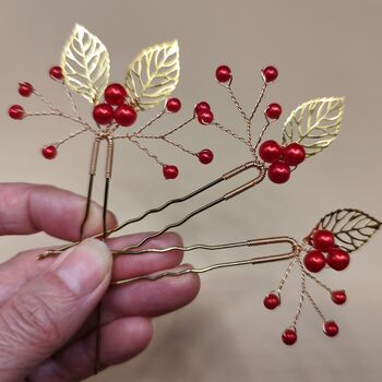 Red Berry And Gold Leaf Christmas Hair Pin Set – 3pcs, 7 of 12