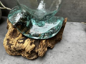 16cm Molten Glass Bowl On Teak Root Fruit And Nut Dish Wooden, 4 of 10