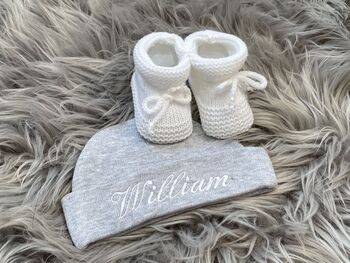Baby Pink Embroidered Newborn Hat And Booties Gift Set, 7 of 8