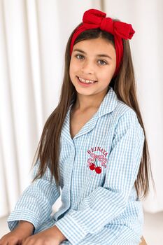 Blue Gingham Embroidered Personalised Cherry Pyjamas, 4 of 6