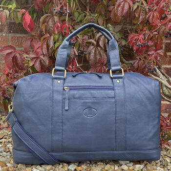 Navy Blue Genuine Leather Holdall, Travel Bag, Gym Bag, 4 of 6