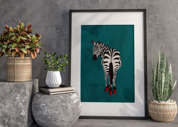 Turquoise Zebra Wearing Heels Original Art Print, 7 of 9
