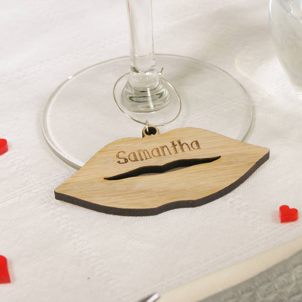 personalised wooden lips cutout wine glass charm by urban twist