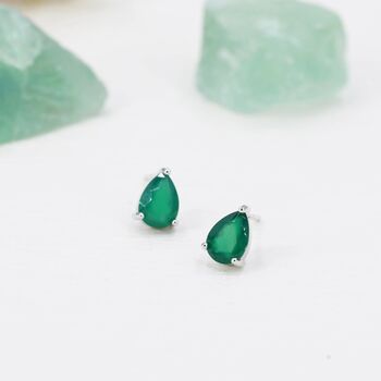Sterling Silver Genuine Green Onyx Droplet Stud Earrings, 3 of 10