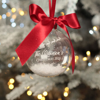 Round Glass Santa's Sleigh Snow Filled Family Christmas Tree Bauble, 4 of 7