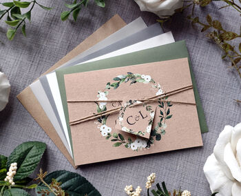 White Floral And Greenery Kraft Wedding Invitation, 3 of 6