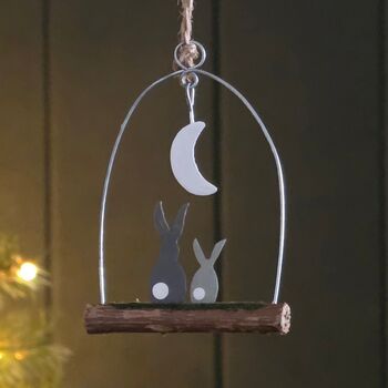 Two Moon Gazing Rabbits Hanging Christmas Decoration, 2 of 2