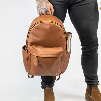 Personalised Brown Leather Backpack With Side Pockets, 2 of 12
