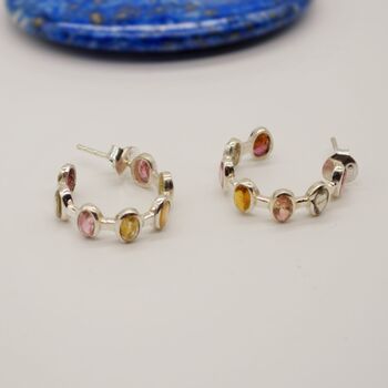 Pink Green Tourmaline Silver Hoop Earrings, 6 of 12