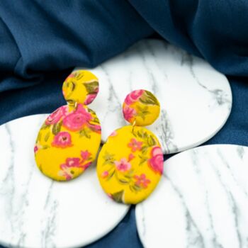 Large Yellow Printed Handmade Oval Fabric Earrings, 2 of 2